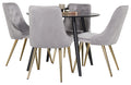 Plaza rund matgrupp med 4 Velvet Deluxe-stolar Ø100 cm, höjd 75 cm, svart/ljusgrå sammet och borstad mässing