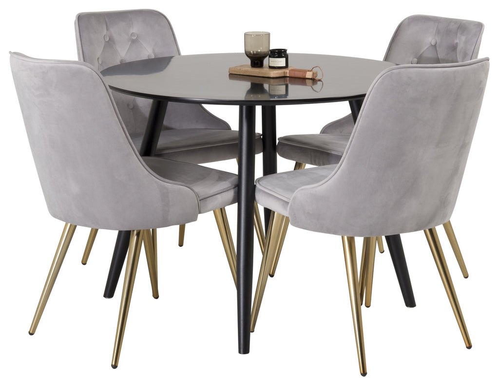 Plaza rund matgrupp med 4 Velvet Deluxe-stolar Ø100 cm, höjd 75 cm, svart/ljusgrå sammet och borstad mässing