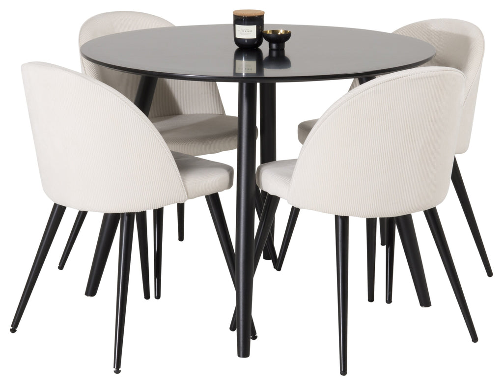 Plaza rund matgrupp med 4 Velvet-stolar Ø100 cm, höjd 75 cm, svart/beige manchester