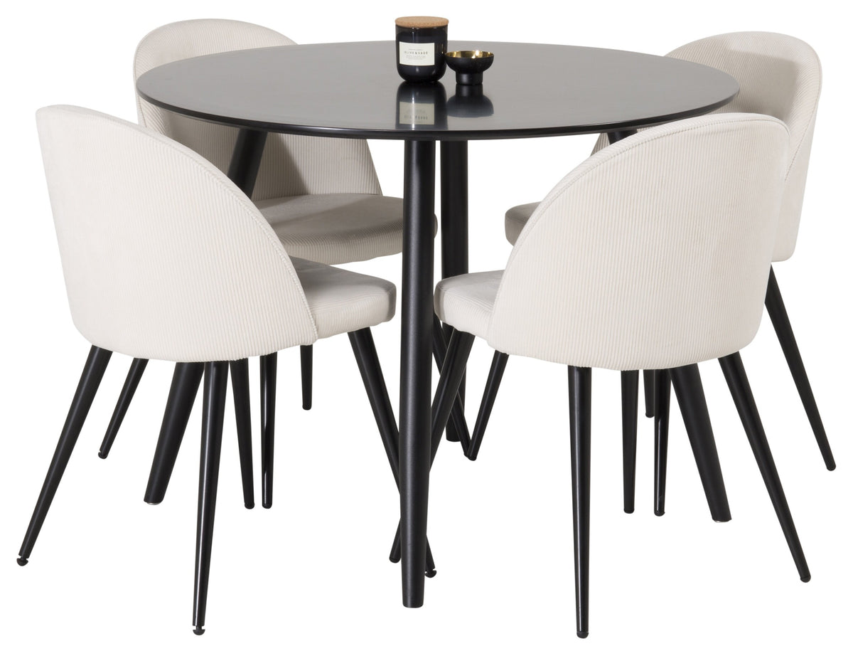 Plaza rund matgrupp med 4 Velvet-stolar Ø100 cm, höjd 75 cm, svart/beige manchester