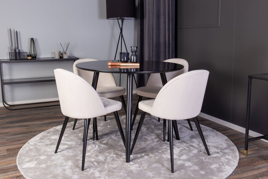 Plaza rund matgrupp med 4 Velvet-stolar Ø100 cm, höjd 75 cm, svart/beige manchester
