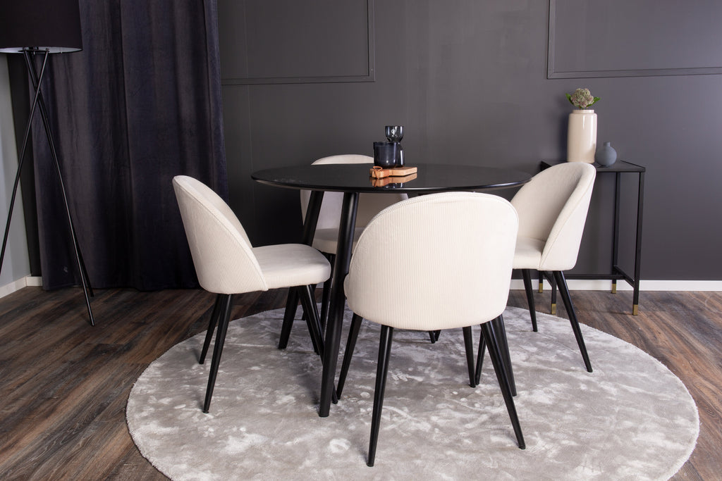 Plaza rund matgrupp med 4 Velvet-stolar Ø100 cm, höjd 75 cm, svart/beige manchester