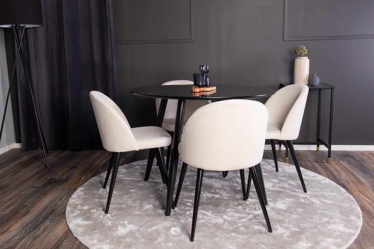 Plaza rund matgrupp med 4 Velvet-stolar Ø100 cm, höjd 75 cm, svart/beige manchester