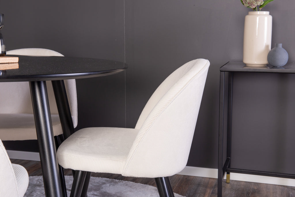 Plaza rund matgrupp med 4 Velvet-stolar Ø100 cm, höjd 75 cm, svart/beige manchester