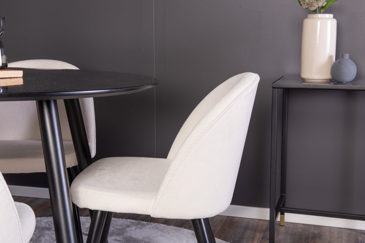 Plaza rund matgrupp med 4 Velvet-stolar Ø100 cm, höjd 75 cm, svart/beige manchester