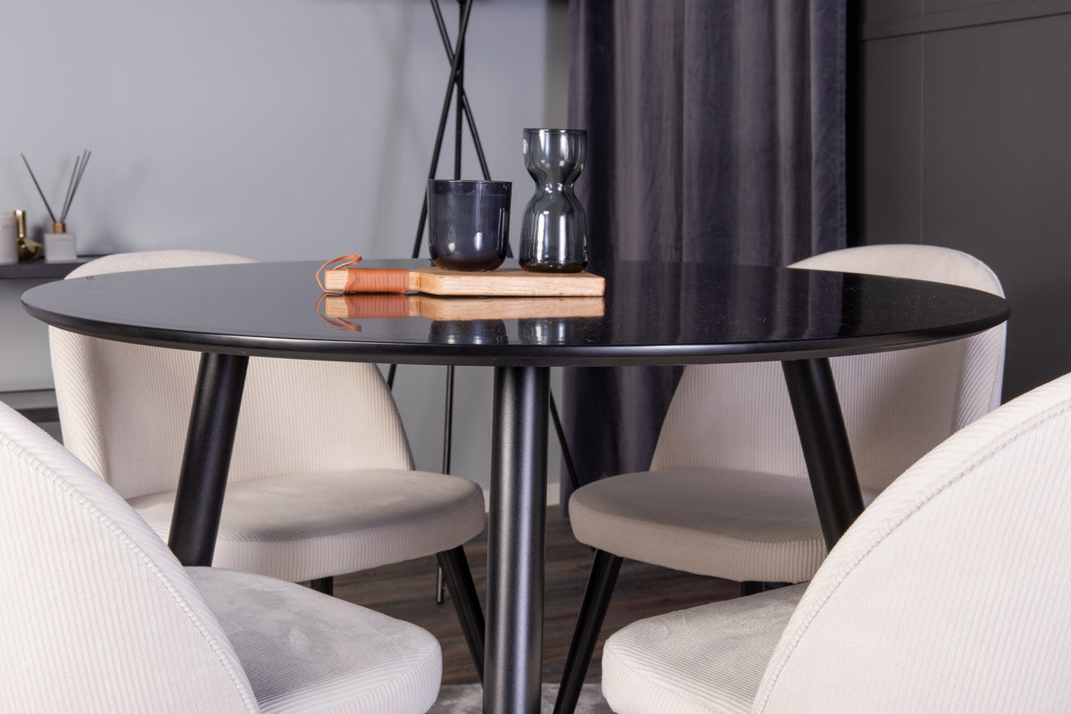 Plaza rund matgrupp med 4 Velvet-stolar Ø100 cm, höjd 75 cm, svart/beige manchester