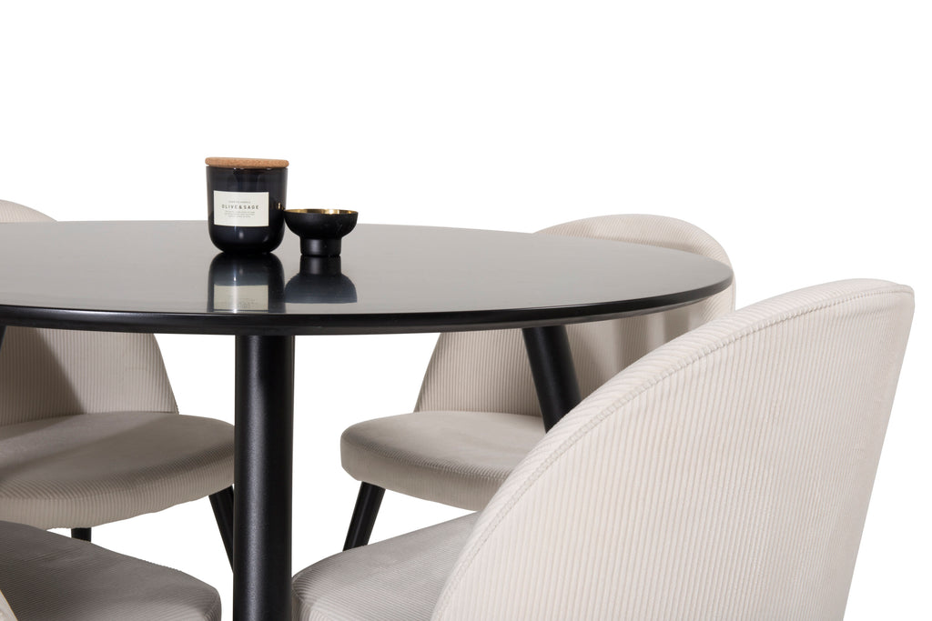 Plaza rund matgrupp med 4 Velvet-stolar Ø100 cm, höjd 75 cm, svart/beige manchester