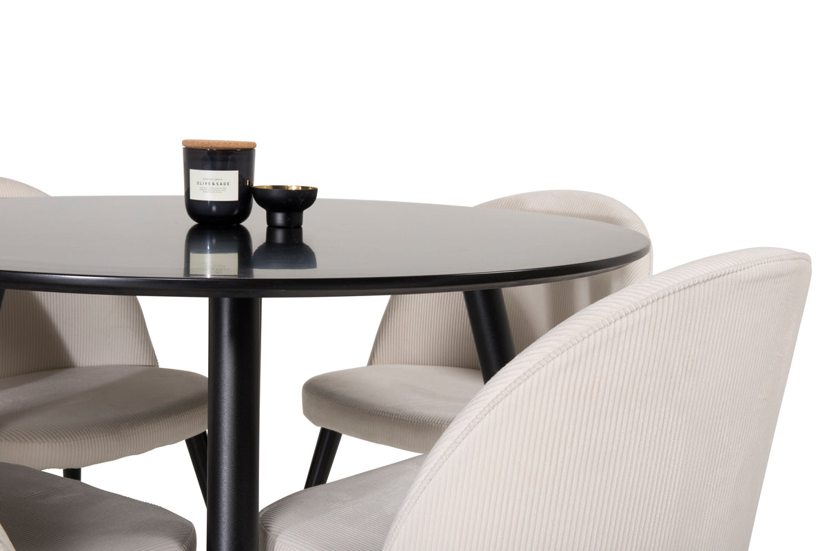 Plaza rund matgrupp med 4 Velvet-stolar Ø100 cm, höjd 75 cm, svart/beige manchester