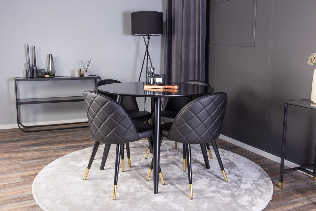 Plaza rund matgrupp med 4 Velvet-stolar Ø100 cm, höjd 75 cm, svart konstläder