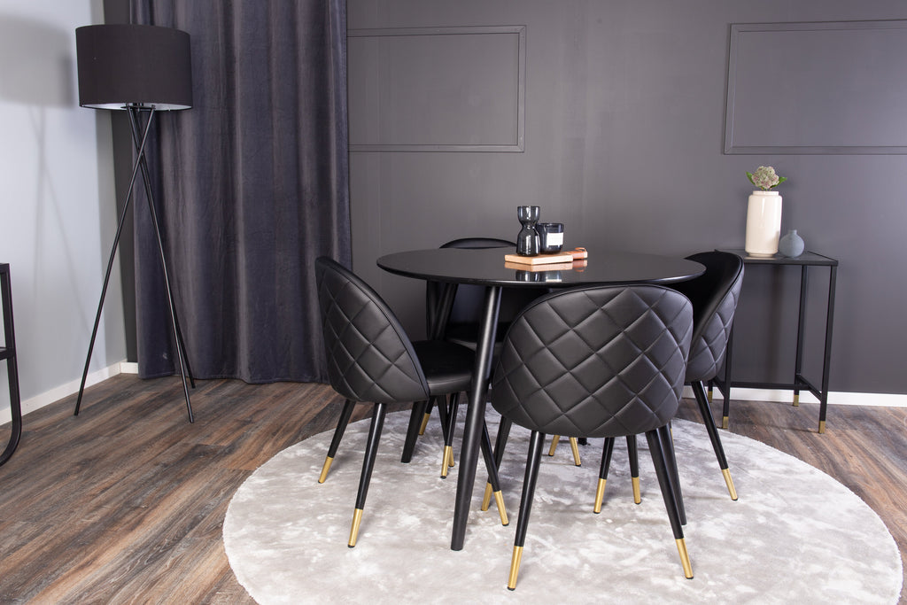 Plaza rund matgrupp med 4 Velvet-stolar Ø100 cm, höjd 75 cm, svart konstläder