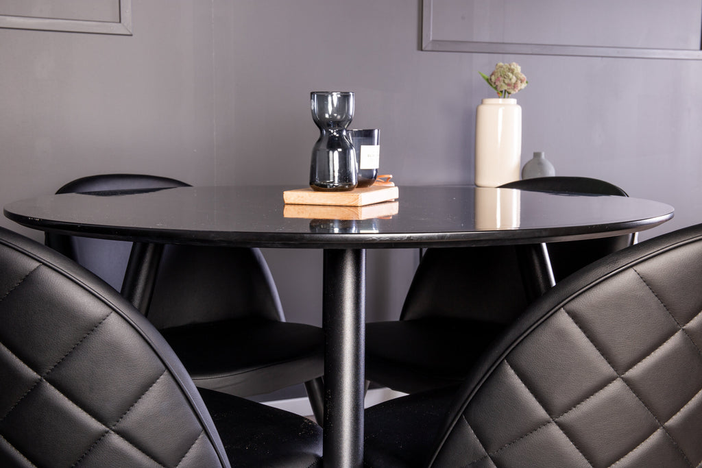 Plaza rund matgrupp med 4 Velvet-stolar Ø100 cm, höjd 75 cm, svart konstläder