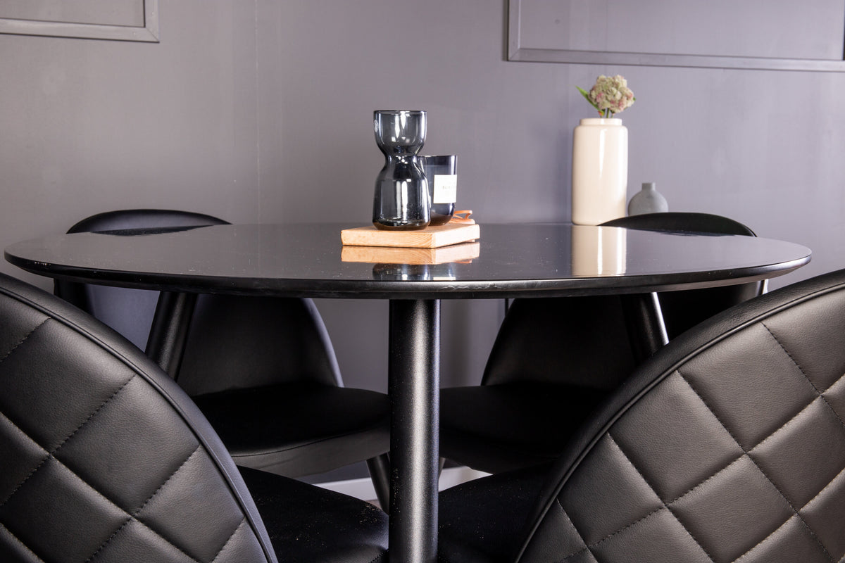 Plaza rund matgrupp med 4 Velvet-stolar Ø100 cm, höjd 75 cm, svart konstläder