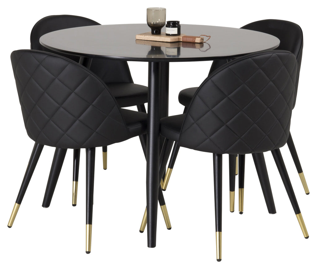 Plaza rund matgrupp med 4 Velvet-stolar Ø100 cm, höjd 75 cm, svart konstläder