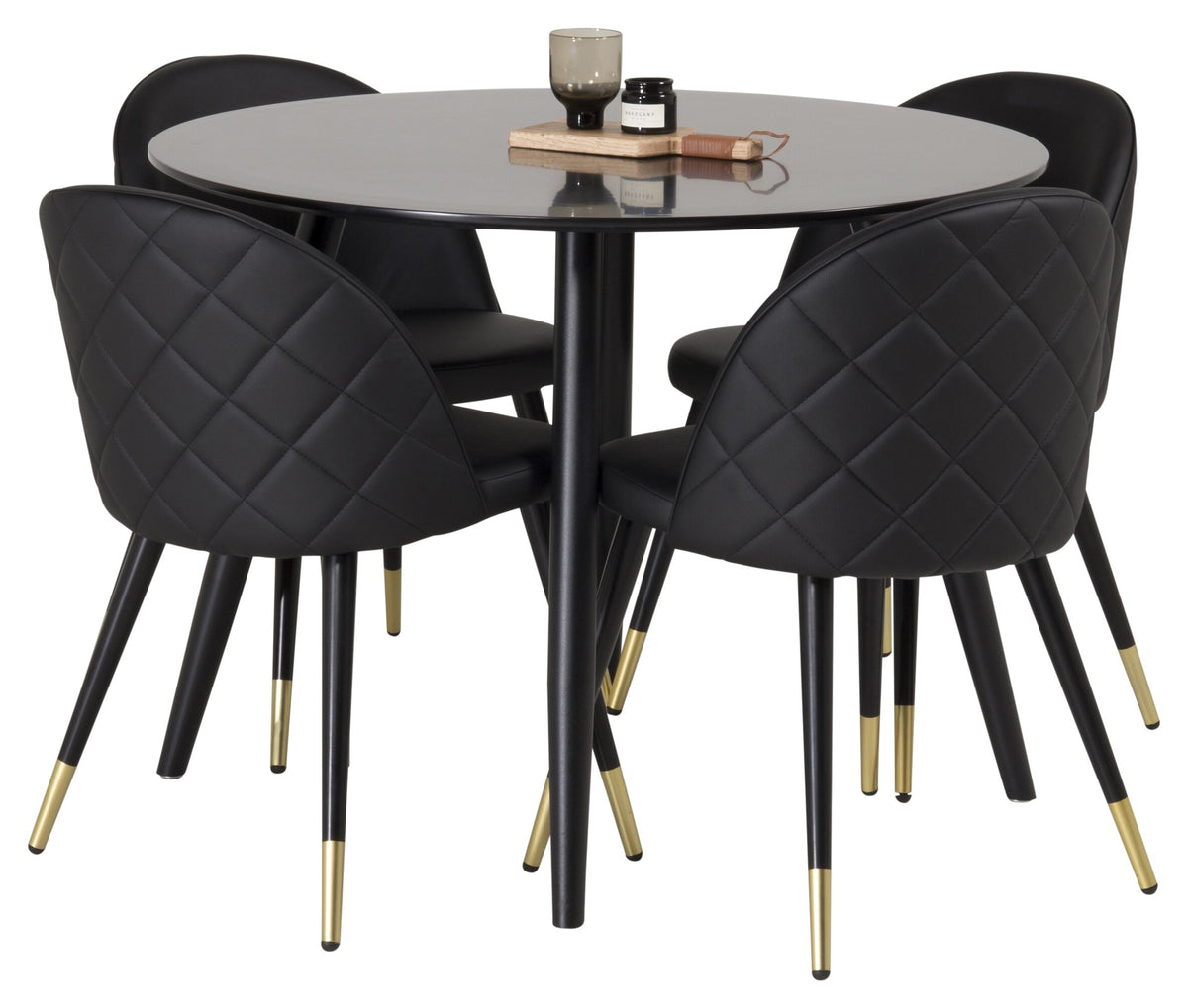 Plaza rund matgrupp med 4 Velvet-stolar Ø100 cm, höjd 75 cm, svart konstläder