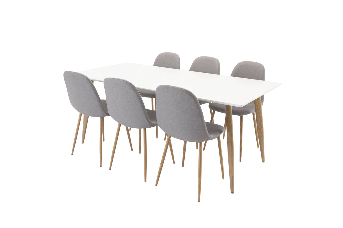 Polar rektangulär matgrupp med 6 Polar-stolar 180x90 cm, höjd 75 cm, ekimitation/vit/grå