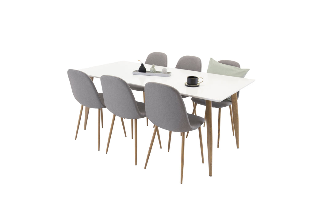 Polar rektangulär matgrupp med 6 Polar-stolar 180x90 cm, höjd 75 cm, ekimitation/vit/grå