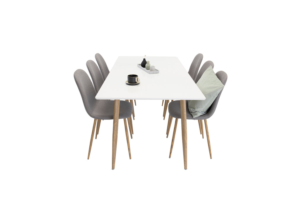 Polar rektangulär matgrupp med 6 Polar-stolar 180x90 cm, höjd 75 cm, ekimitation/vit/grå