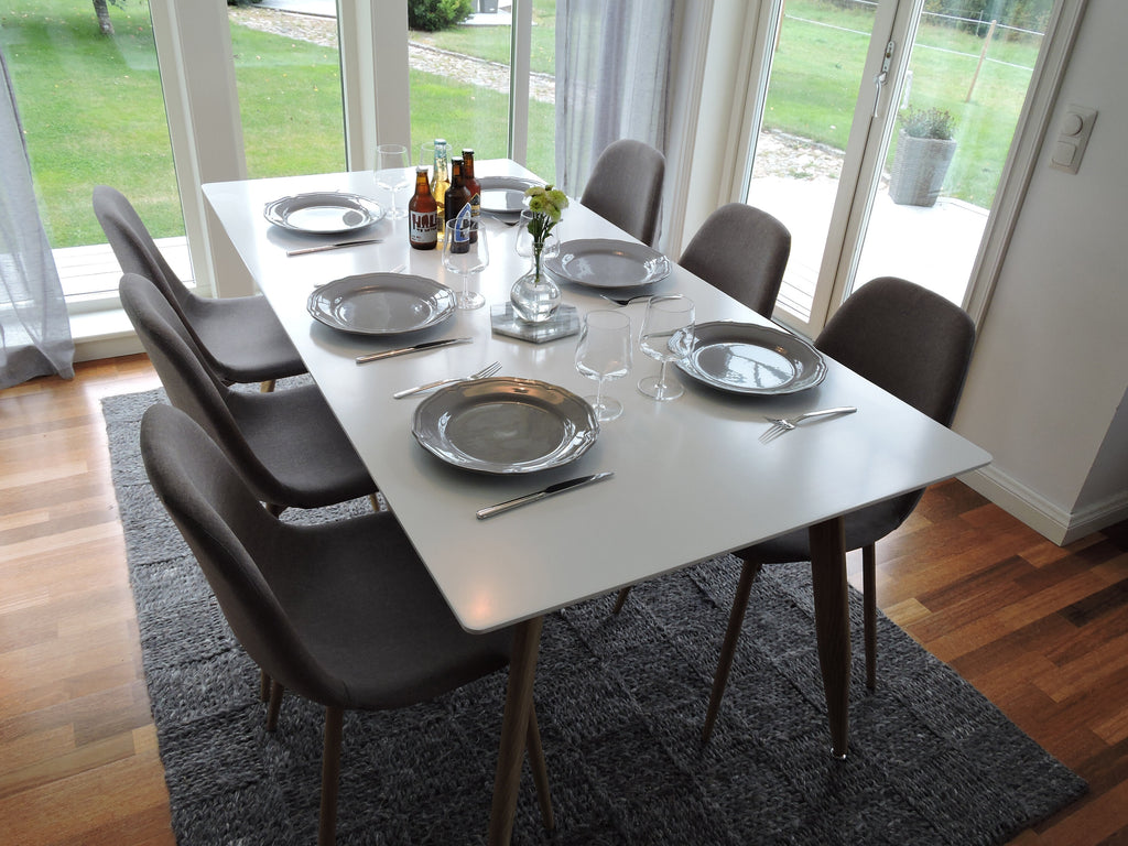 Polar rektangulär matgrupp med 6 Polar-stolar 180x90 cm, höjd 75 cm, ekimitation/vit/grå