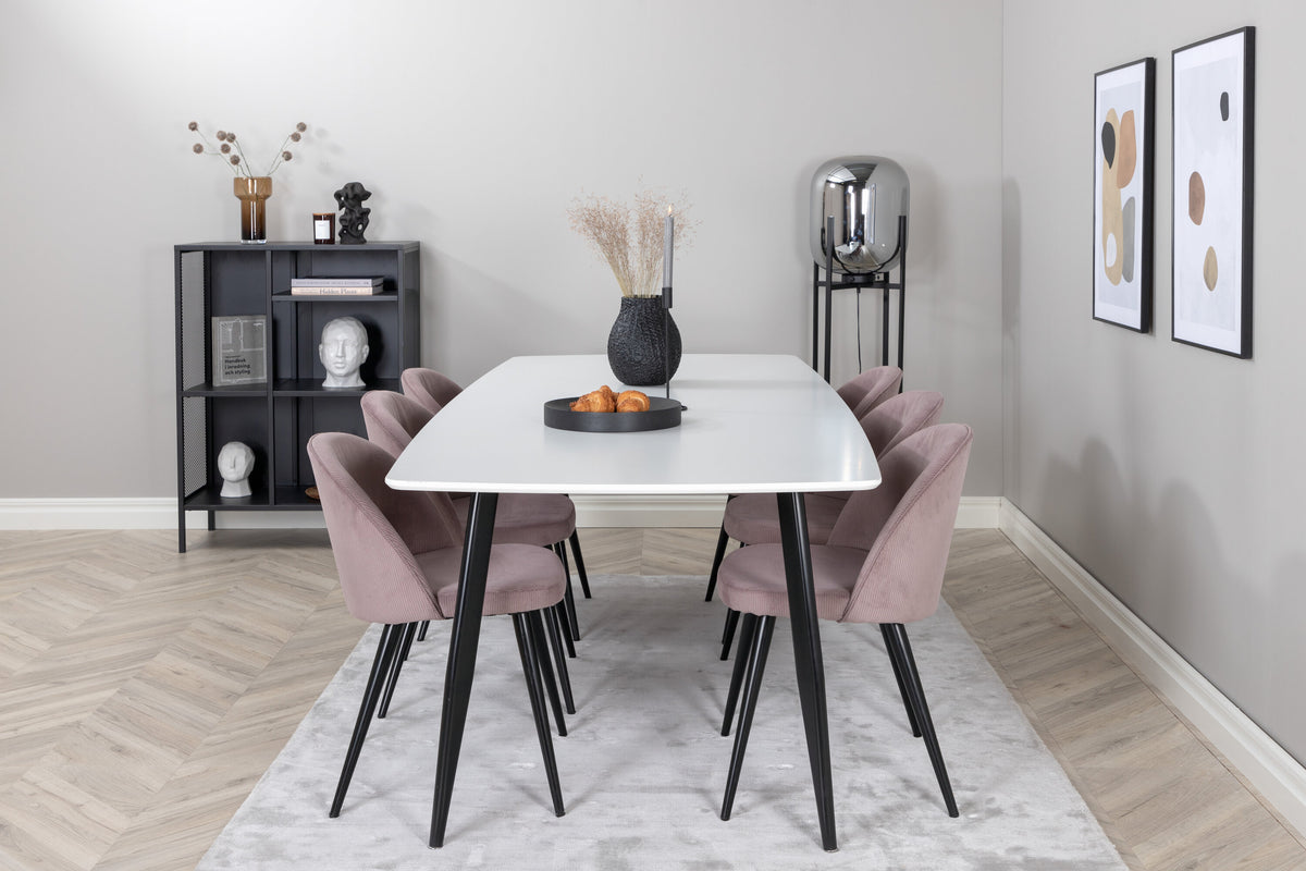 Polar Elips matgrupp med 6 Velvet-stolar 240x100 cm, höjd 75 cm, svart/vit/rosa manchester