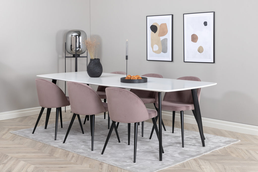 Polar Elips matgrupp med 6 Velvet-stolar 240x100 cm, höjd 75 cm, svart/vit/rosa manchester