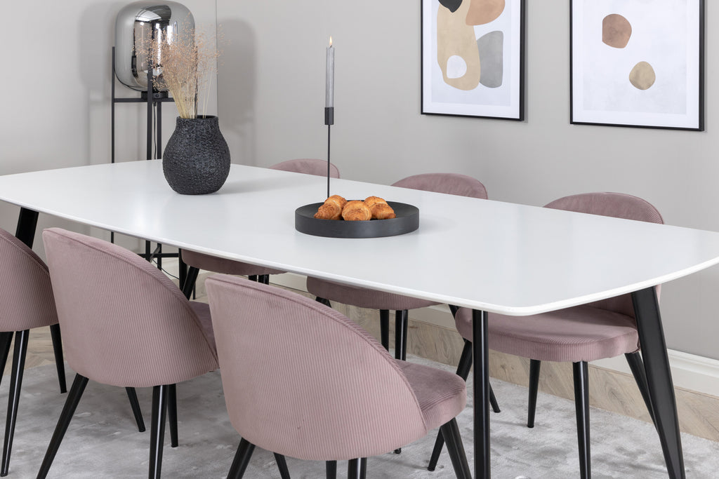 Polar Elips matgrupp med 6 Velvet-stolar 240x100 cm, höjd 75 cm, svart/vit/rosa manchester