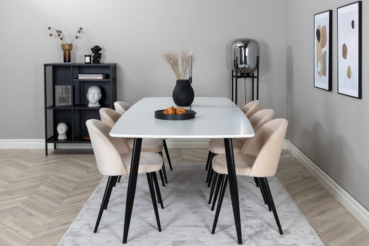 Polar Elips matgrupp med 6 Velvet-stolar 240x100 cm, höjd 75 cm, svart/vit/beige sammet