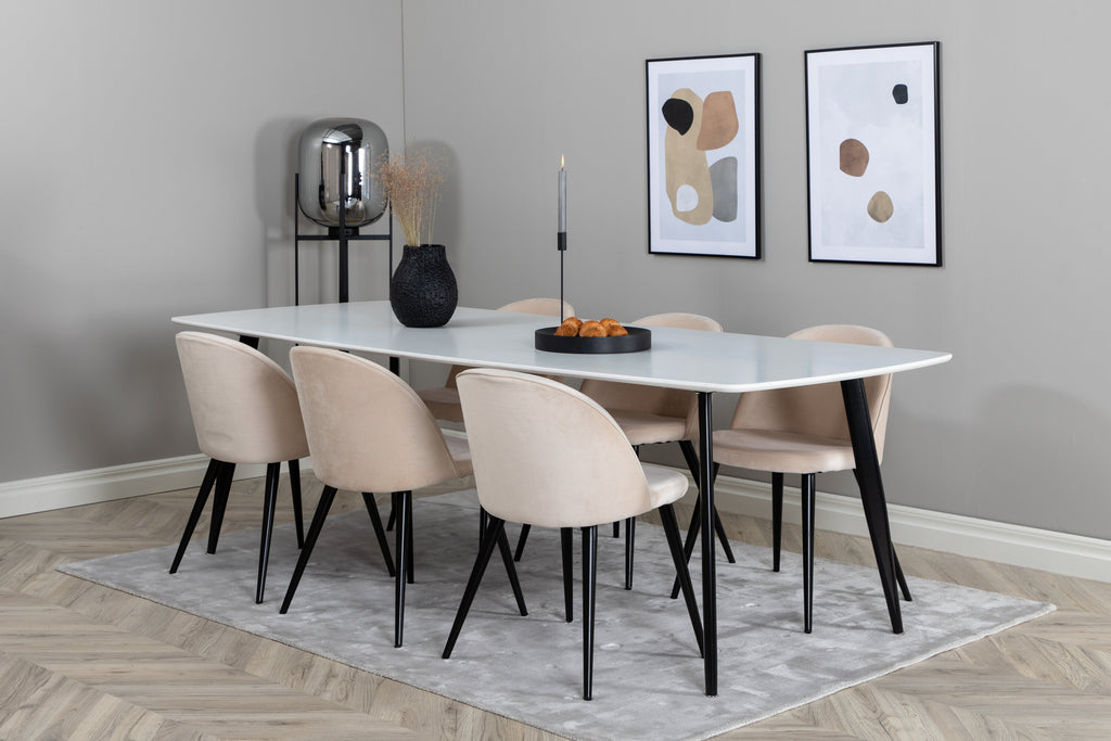 Polar Elips matgrupp med 6 Velvet-stolar 240x100 cm, höjd 75 cm, svart/vit/beige sammet