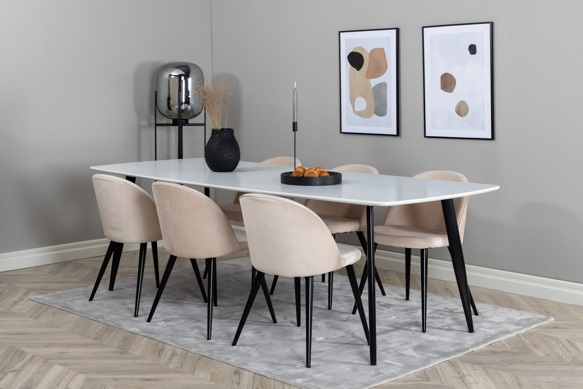 Polar Elips matgrupp med 6 Velvet-stolar 240x100 cm, höjd 75 cm, svart/vit/beige sammet