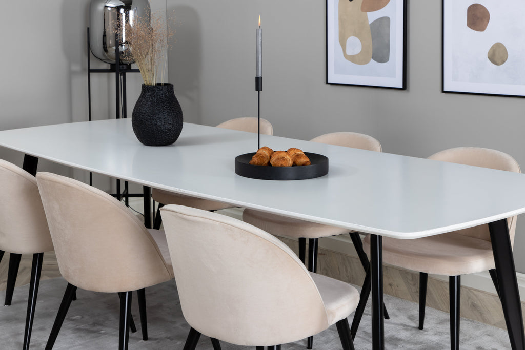 Polar Elips matgrupp med 6 Velvet-stolar 240x100 cm, höjd 75 cm, svart/vit/beige sammet