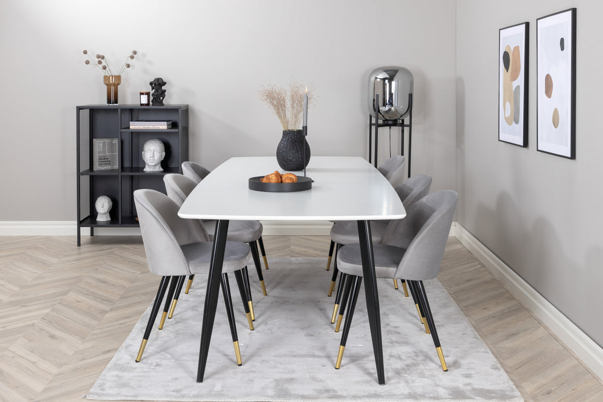 Polar Elips matgrupp med 6 Velvet-stolar 240x100 cm, höjd 75 cm, svart/vit/ljusgrå sammet
