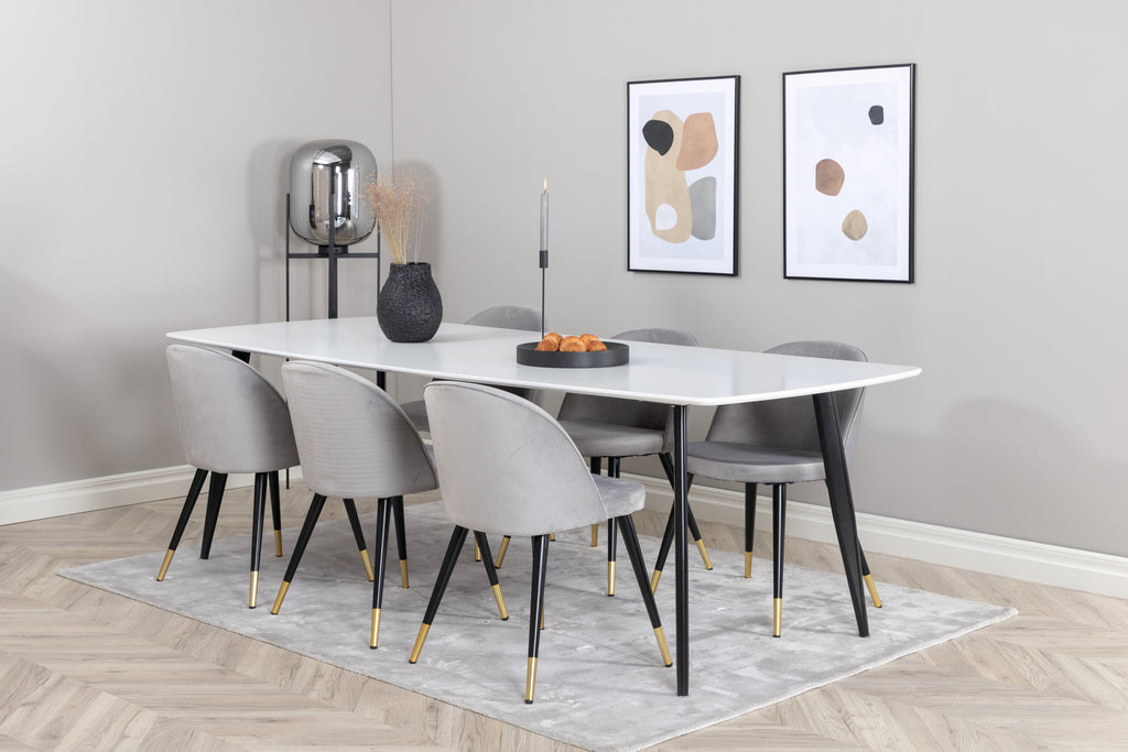 Polar Elips matgrupp med 6 Velvet-stolar 240x100 cm, höjd 75 cm, svart/vit/ljusgrå sammet