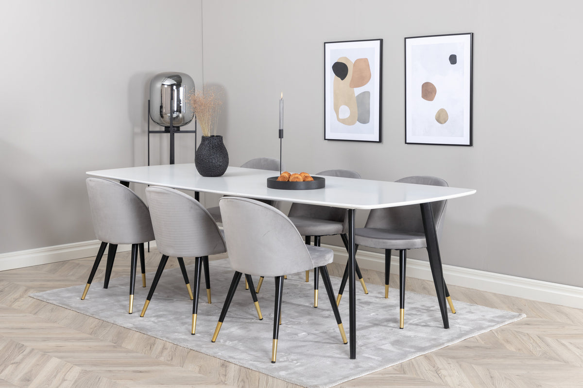 Polar Elips matgrupp med 6 Velvet-stolar 240x100 cm, höjd 75 cm, svart/vit/ljusgrå sammet