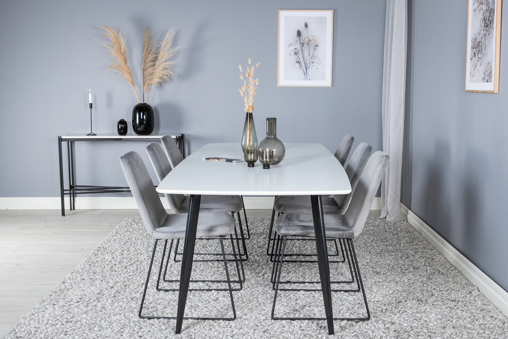 Polar Elips matgrupp med 6 Muce stolar 240x100x75 cm svart, vit och grå sammet
