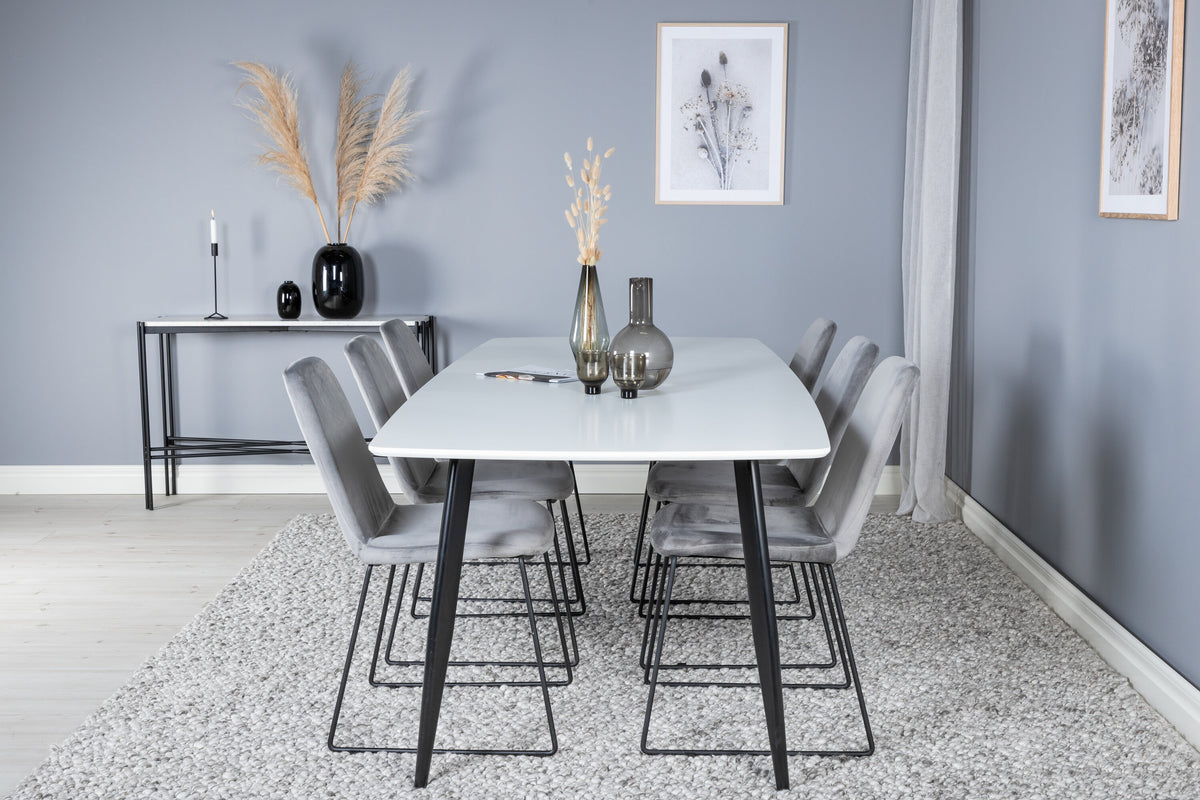 Polar Elips matgrupp med 6 Muce stolar 240x100x75 cm svart, vit och grå sammet