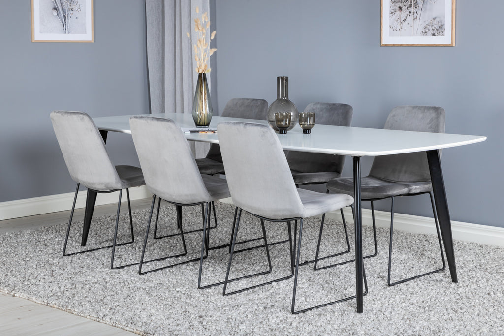 Polar Elips matgrupp med 6 Muce stolar 240x100x75 cm svart, vit och grå sammet