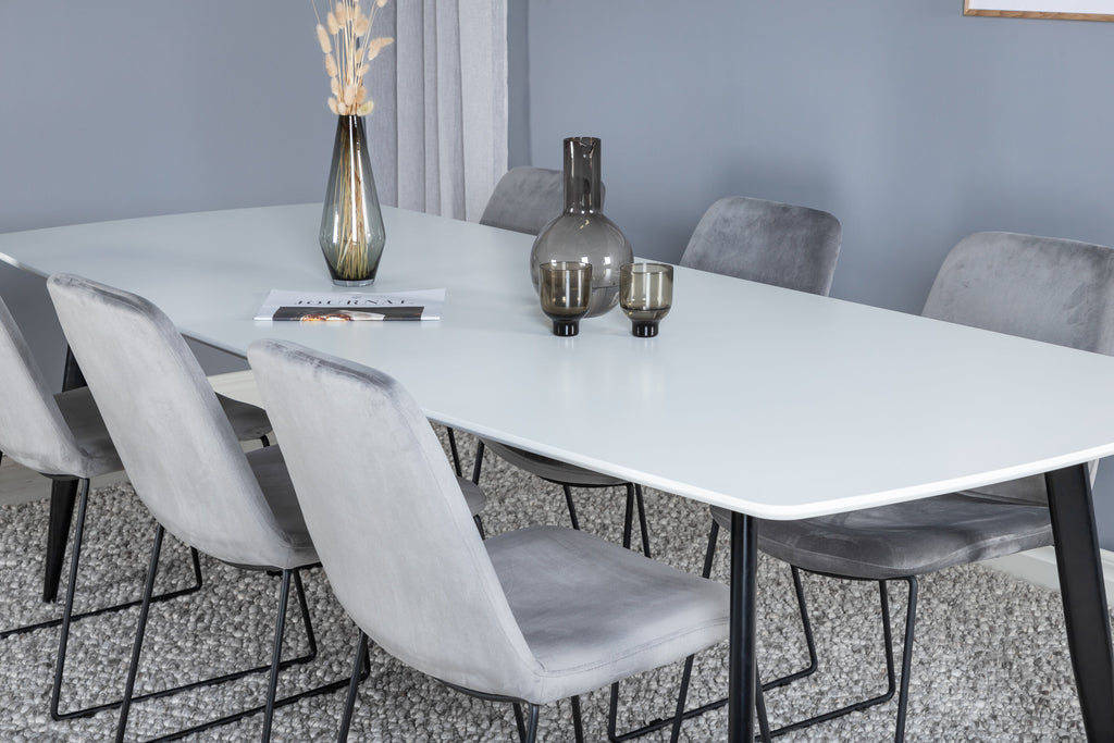 Polar Elips matgrupp med 6 Muce stolar 240x100x75 cm svart, vit och grå sammet
