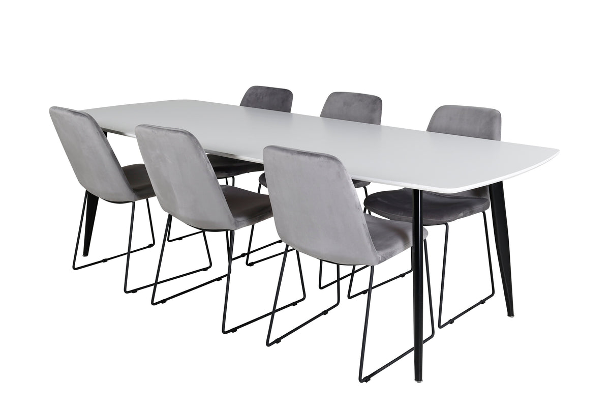 Polar Elips matgrupp med 6 Muce stolar 240x100x75 cm svart, vit och grå sammet