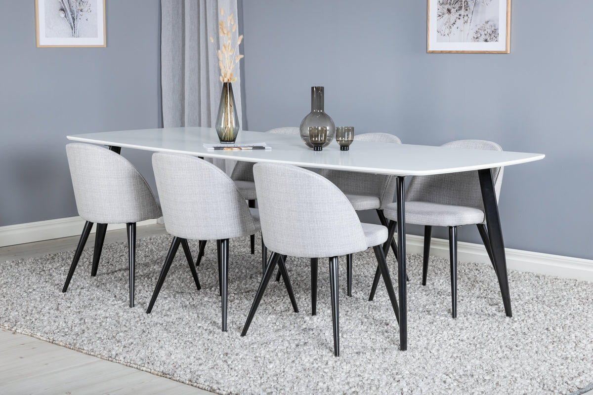 Polar Elips matgrupp med 6 Velvet stolar 240x100x75 cm svart, vit och ljusgrått tyg