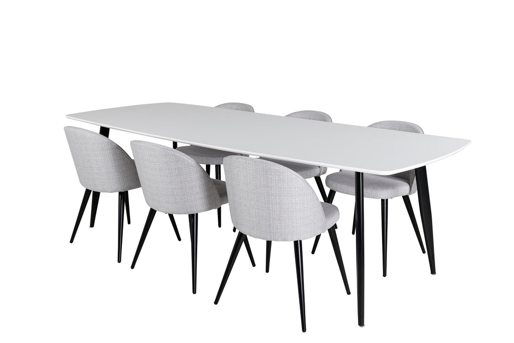 Polar Elips matgrupp med 6 Velvet stolar 240x100x75 cm svart, vit och ljusgrått tyg
