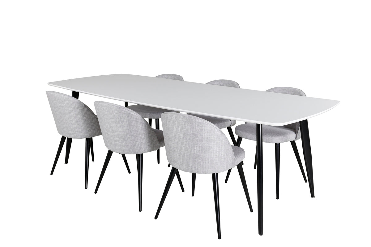 Polar Elips matgrupp med 6 Velvet stolar 240x100x75 cm svart, vit och ljusgrått tyg