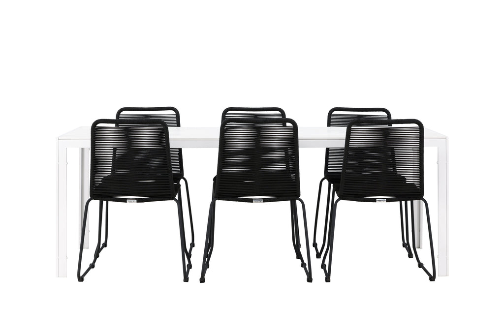 Break matgrupp med 6 Lindos stapelstolar vit/svart
