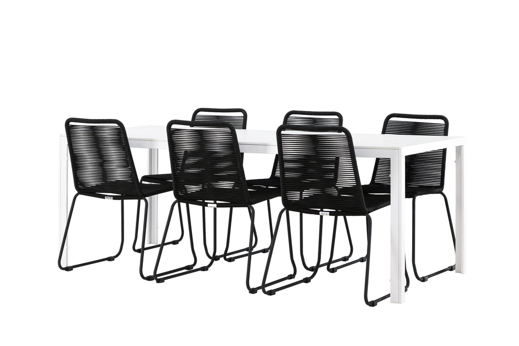 Break matgrupp med 6 Lindos stapelstolar vit/svart