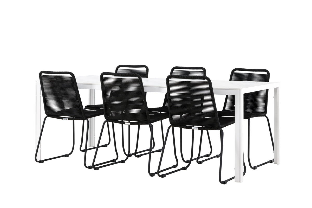 Break matgrupp med 6 Lindos stapelstolar vit/svart