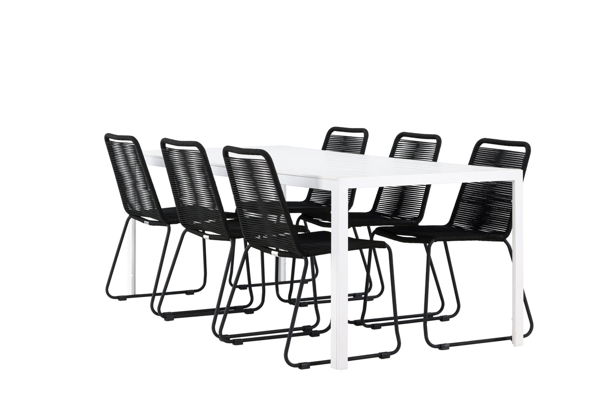 Break matgrupp med 6 Lindos stapelstolar vit/svart