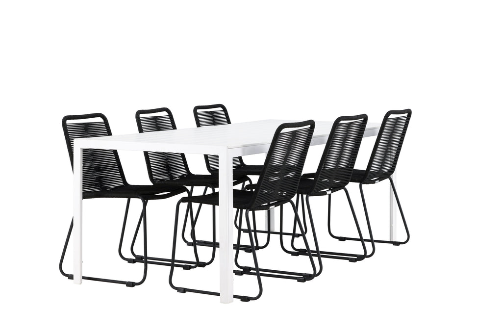 Break matgrupp med 6 Lindos stapelstolar vit/svart