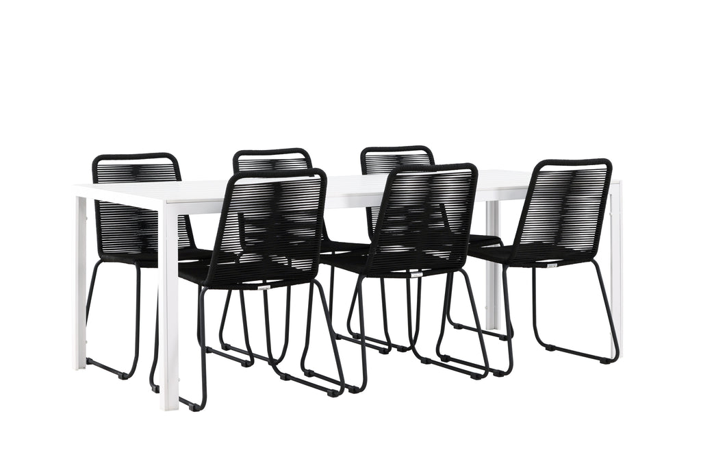 Break matgrupp med 6 Lindos stapelstolar vit/svart