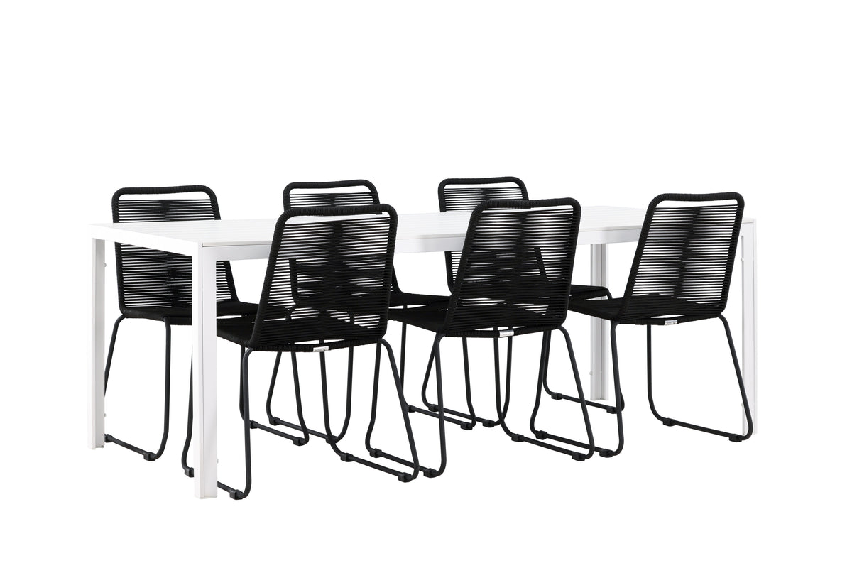 Break matgrupp med 6 Lindos stapelstolar vit/svart