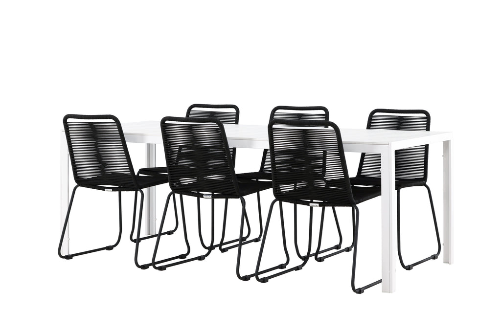 Break matgrupp med 6 Lindos stapelstolar vit/svart