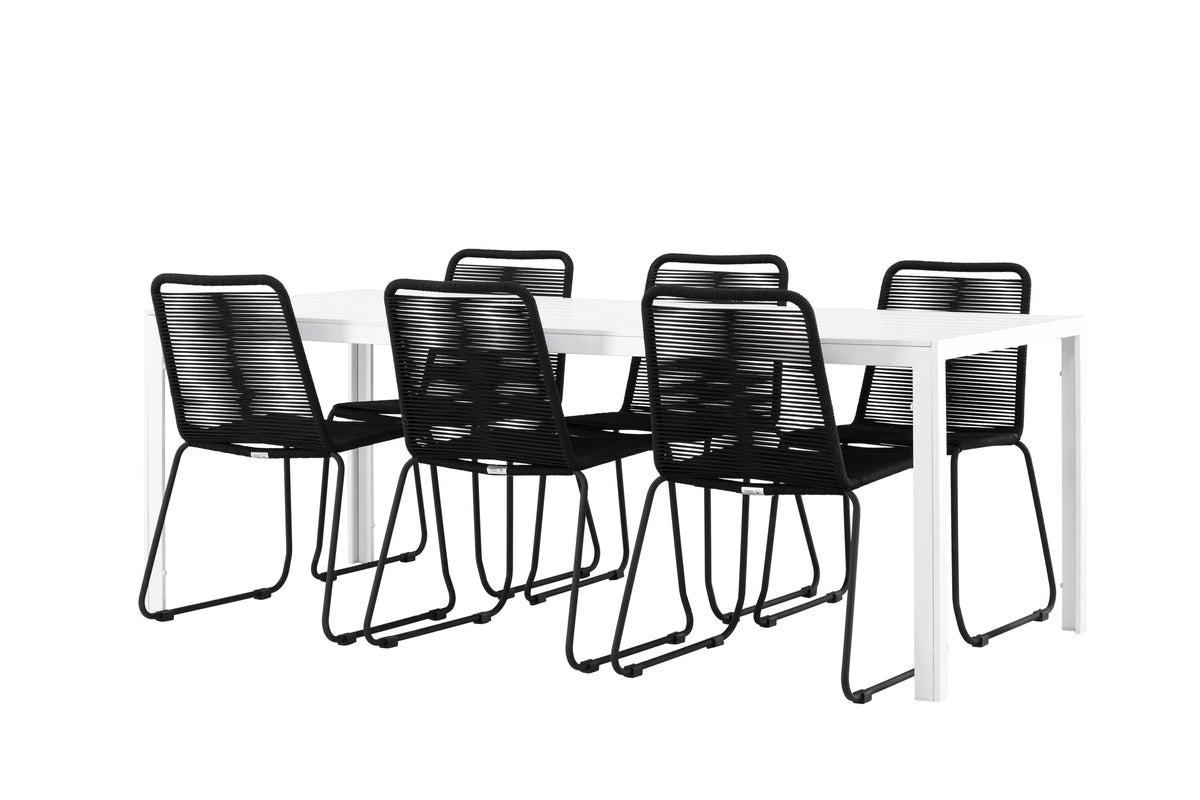 Break matgrupp med 6 Lindos stapelstolar vit/svart