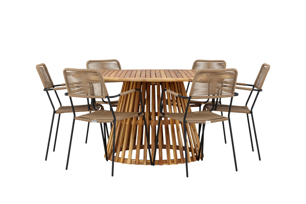Tucumán/Lindos matgrupp med karmstolar Ø120 cm akacia/svart/lattebeige